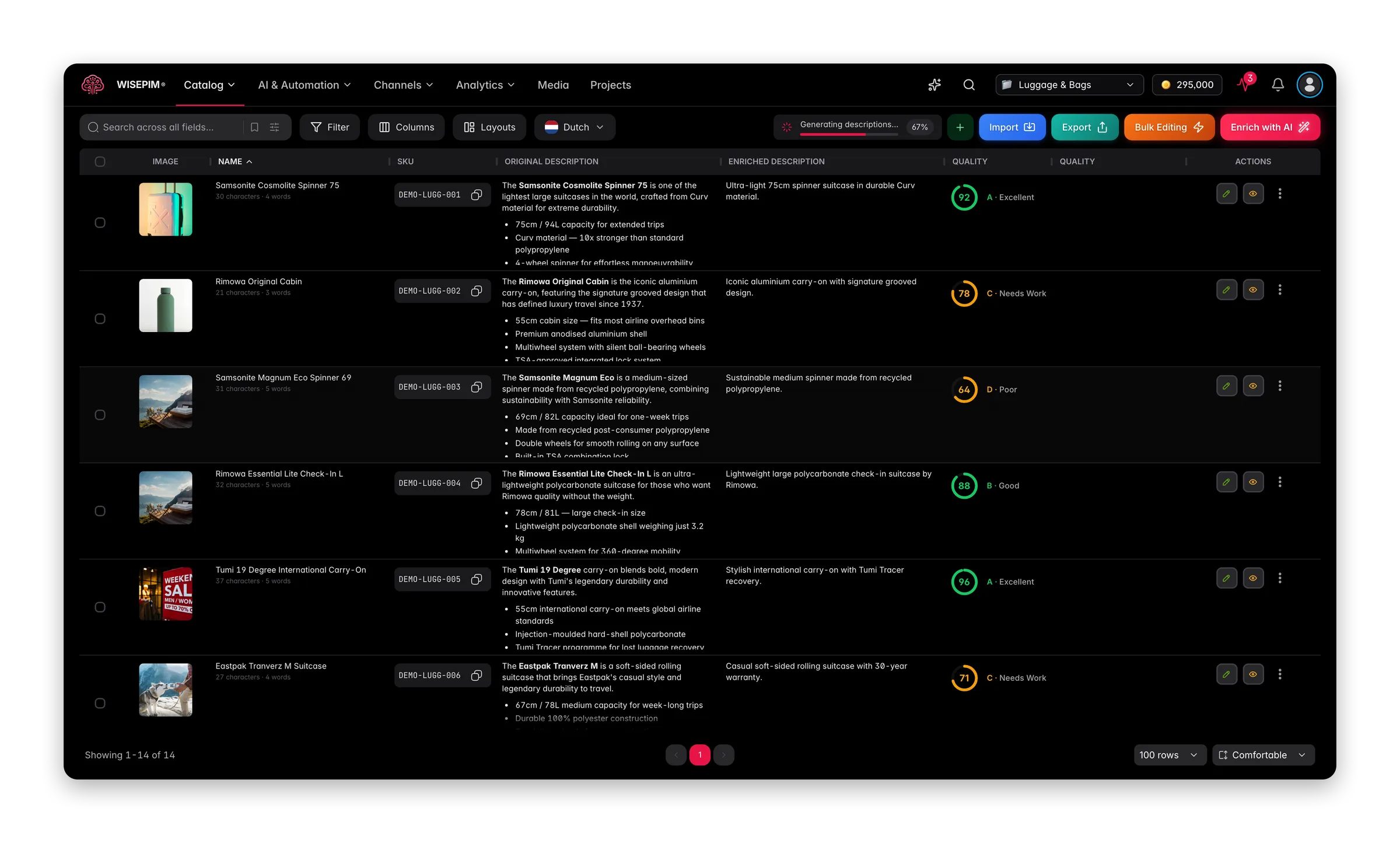 WISEPIM interface showing pim-for-luggage-bags products