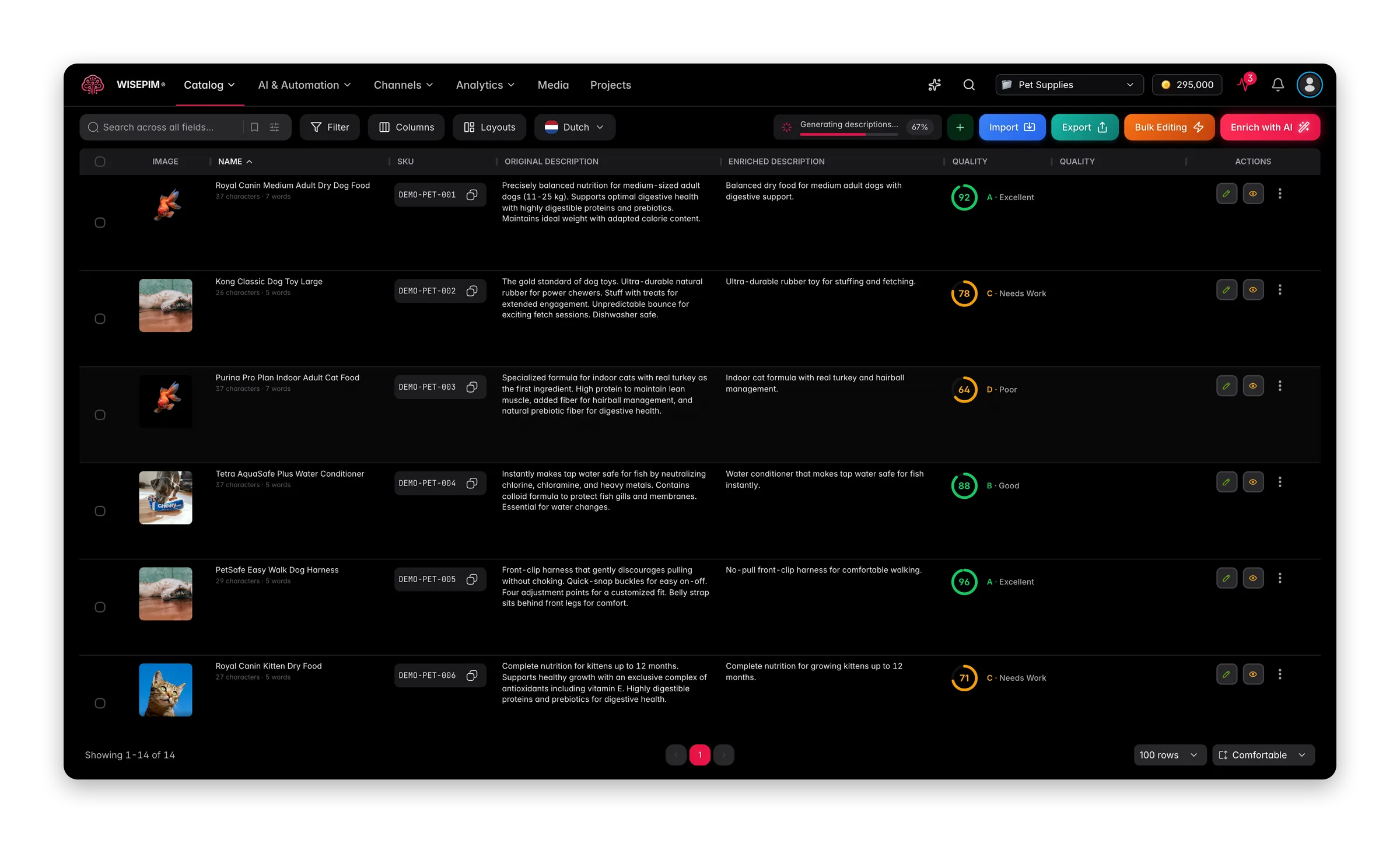 WISEPIM interface showing pim-for-pet-supplies products