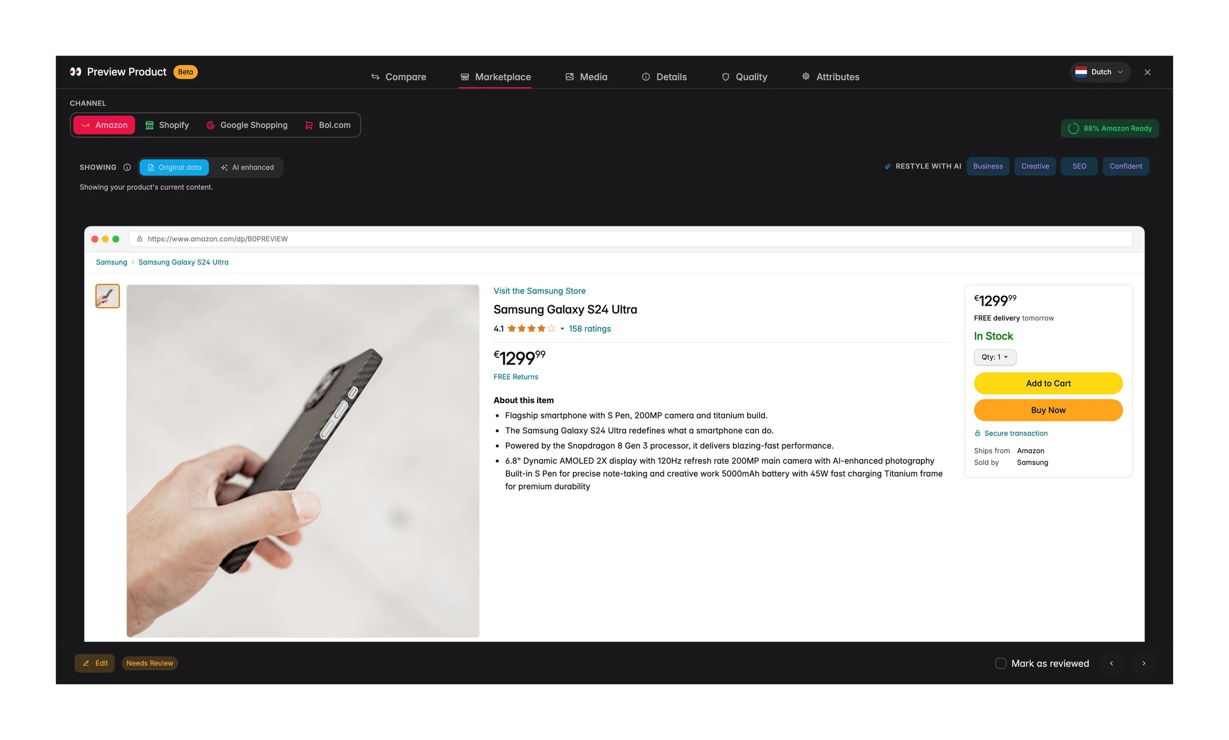 The WISEPIM marketplace preview rendering a product inside Amazon's own listing layout