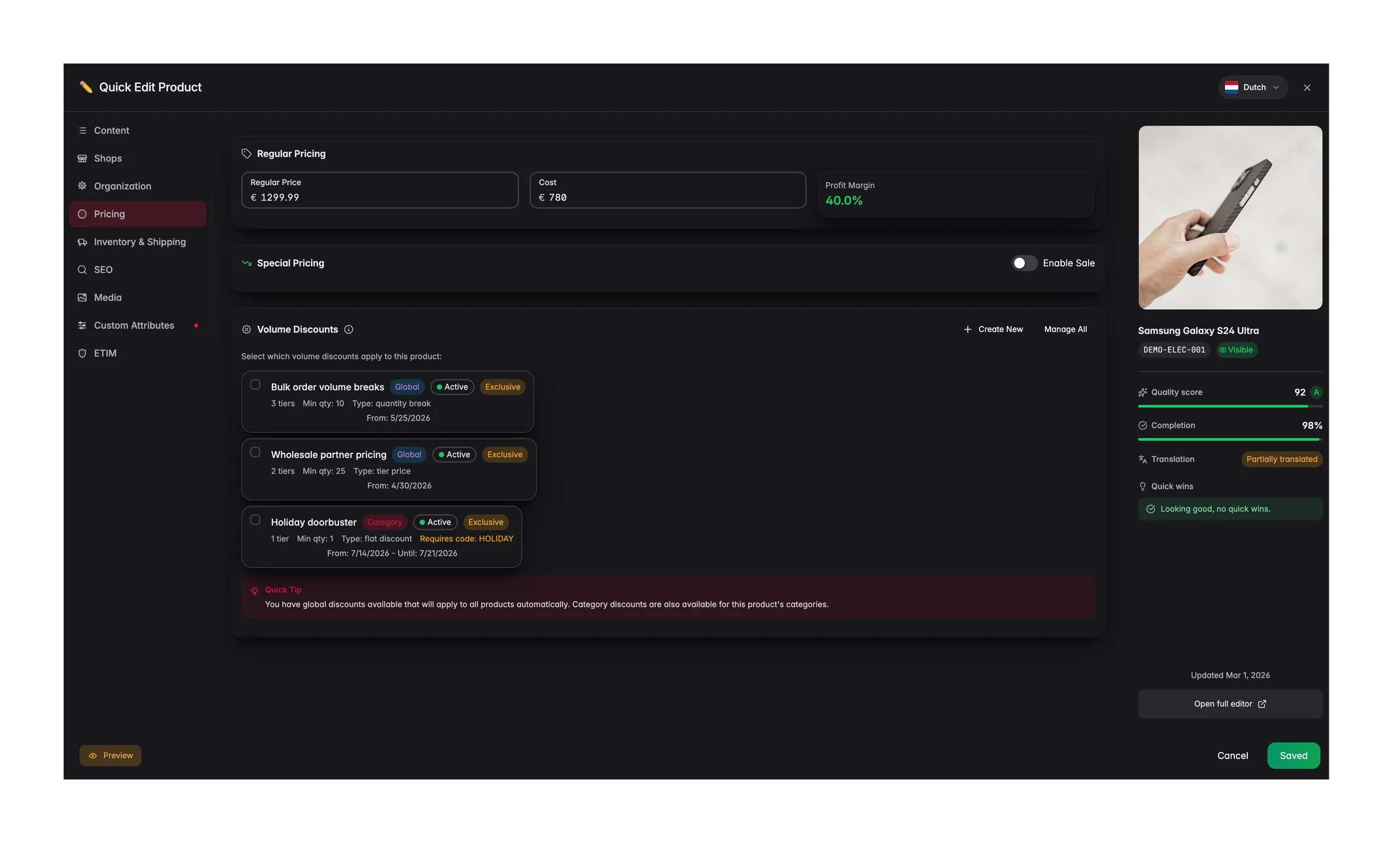 The Pricing tab of quick edit in WISEPIM with regular price, cost, profit margin, the sale switch and the volume discounts available for the product