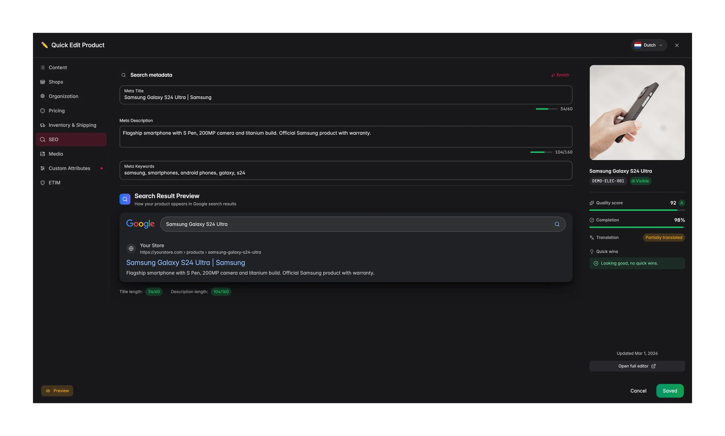 The WISEPIM quick edit view showing generated SEO titles and meta descriptions for several products