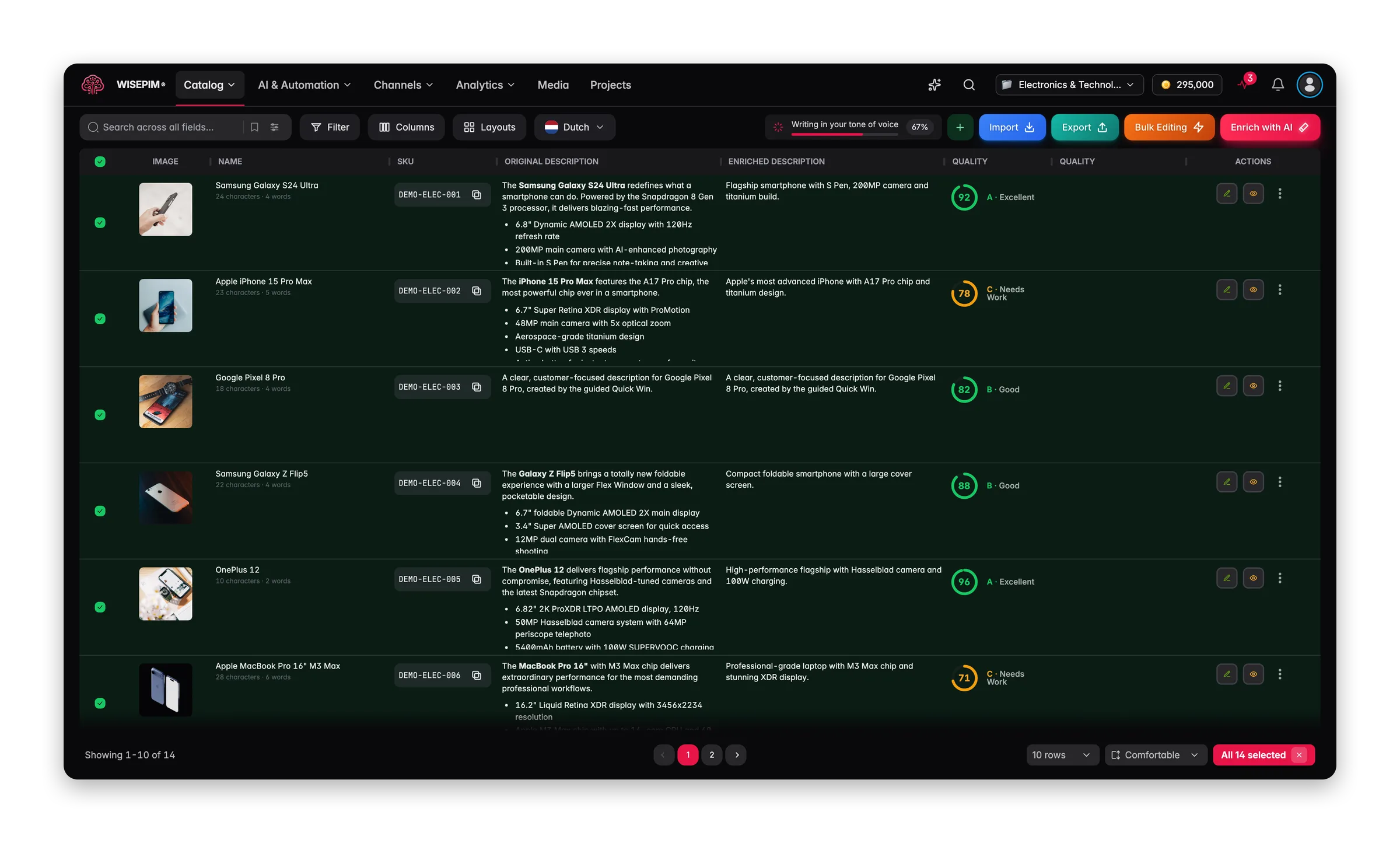 The WISEPIM product list with every product on every page selected