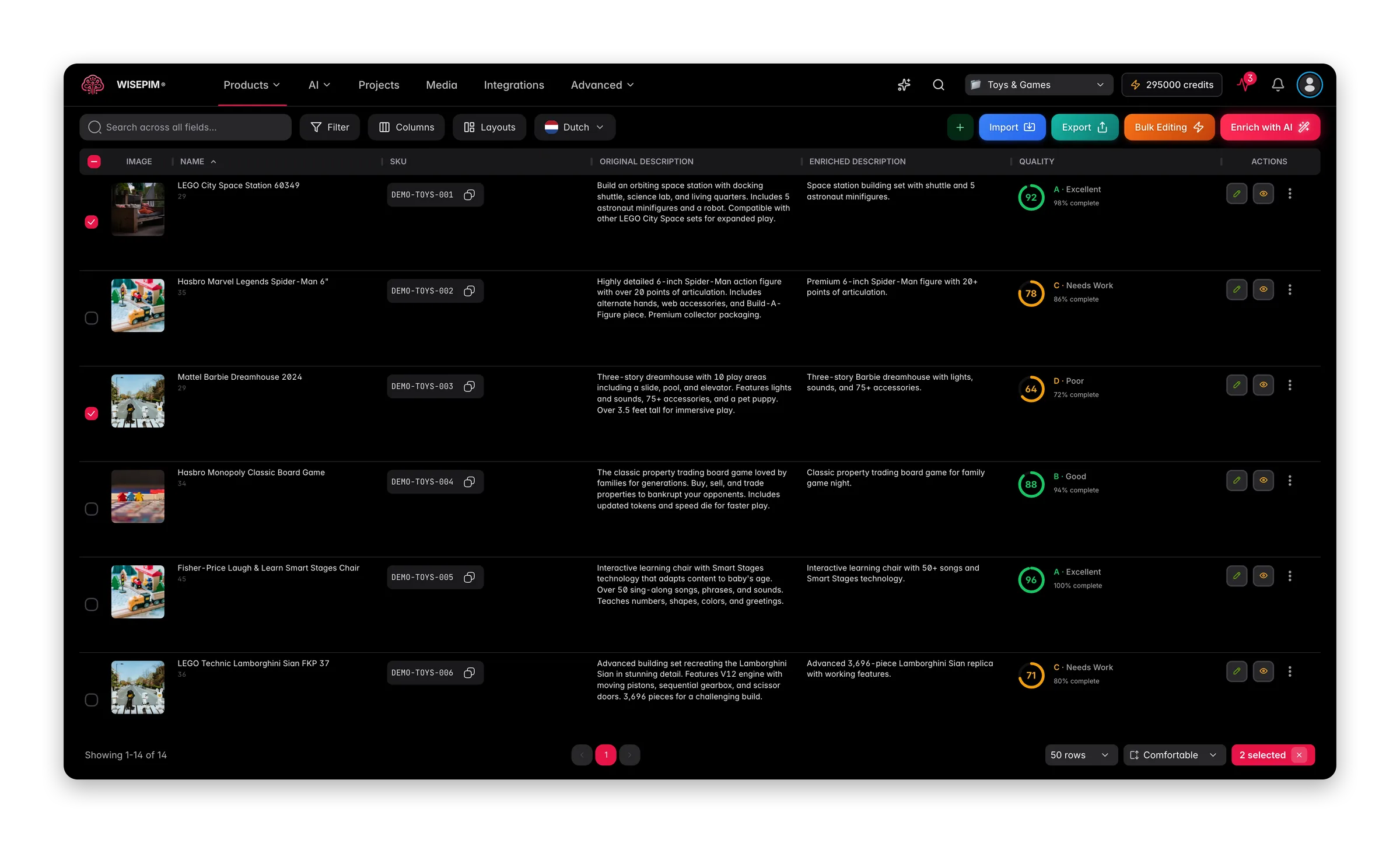 WISEPIM interface showing pim-for-toys-games products
