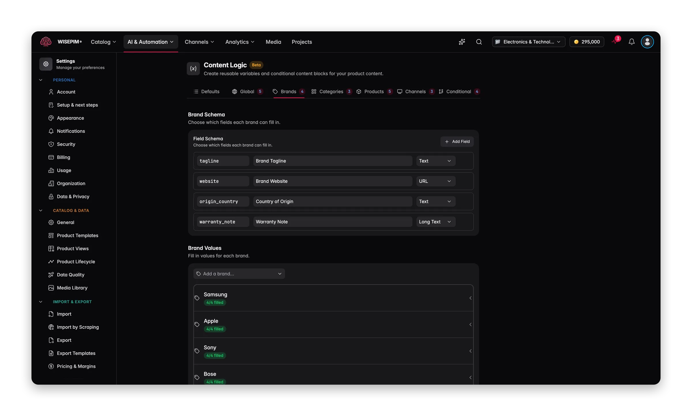 The Brands tab of WISEPIM Content Logic, with a field schema and the values filled in per brand