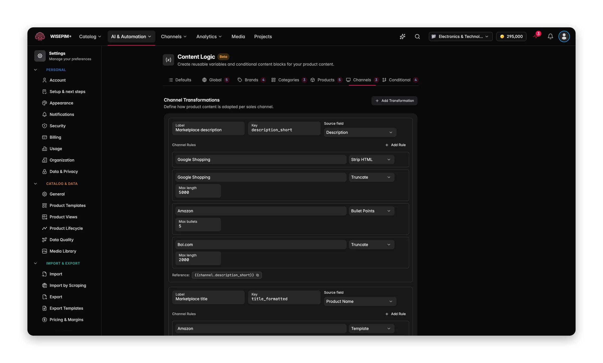 The WISEPIM Content Logic screen with per-channel content rules