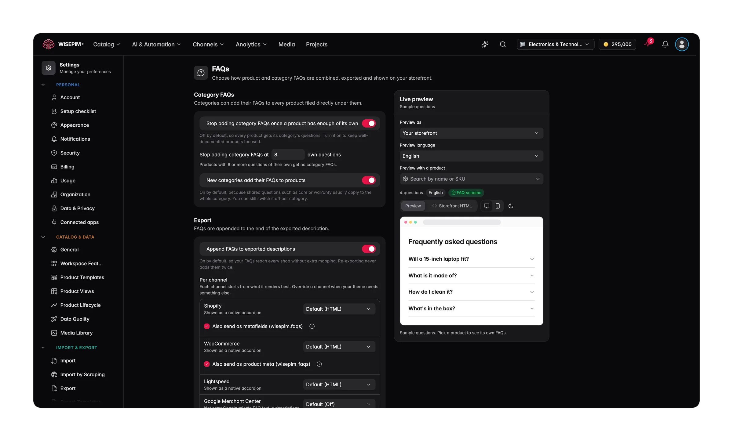 WISEPIM FAQ settings: category FAQs stop at a set number of own questions, an export format per channel for Shopify, WooCommerce, Lightspeed and Google Merchant Center, and a live storefront preview of the FAQ block