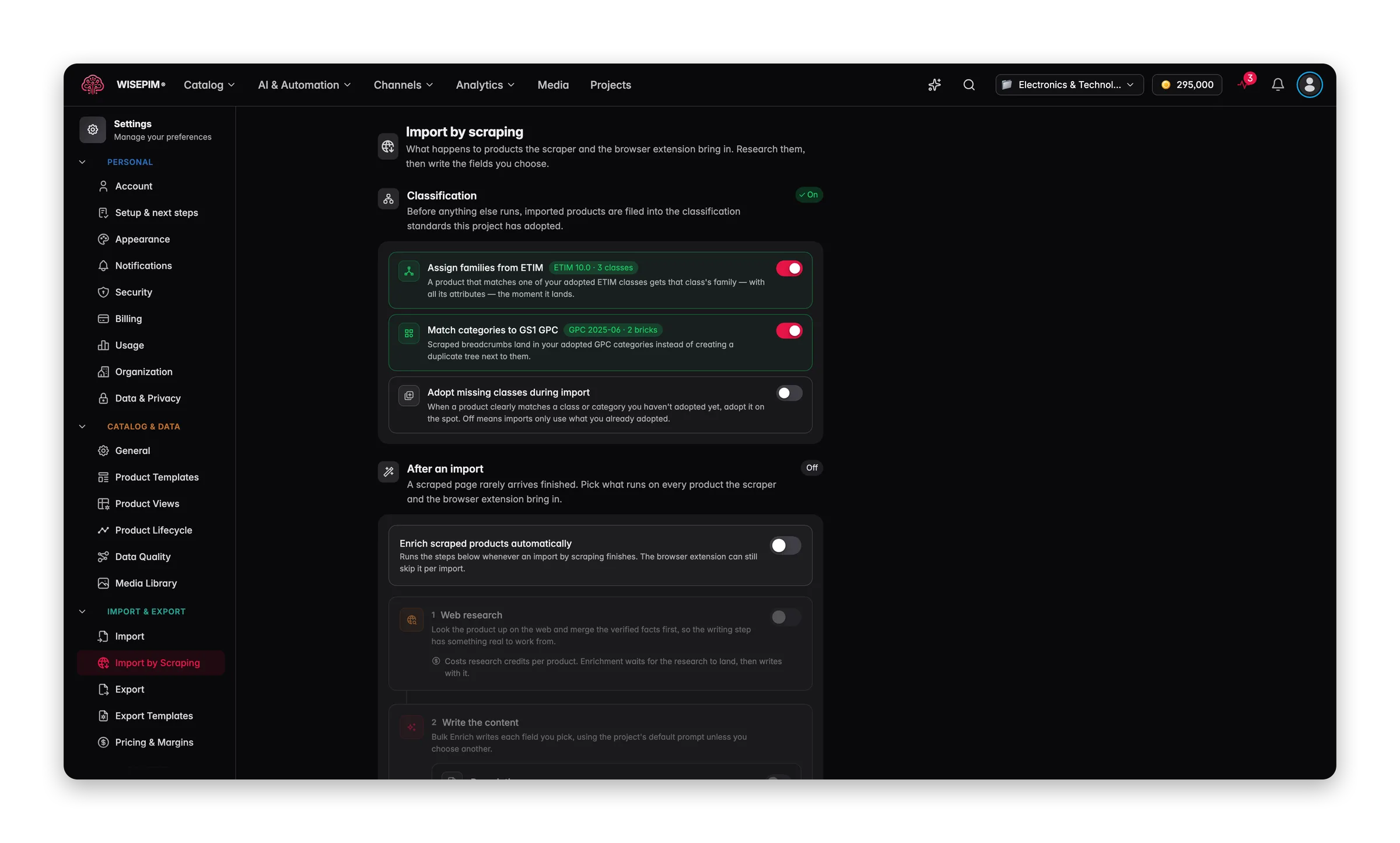 WISEPIM instellingen voor importeren via scraping, met web research en bulkverrijking gekoppeld aan gescrapete producten