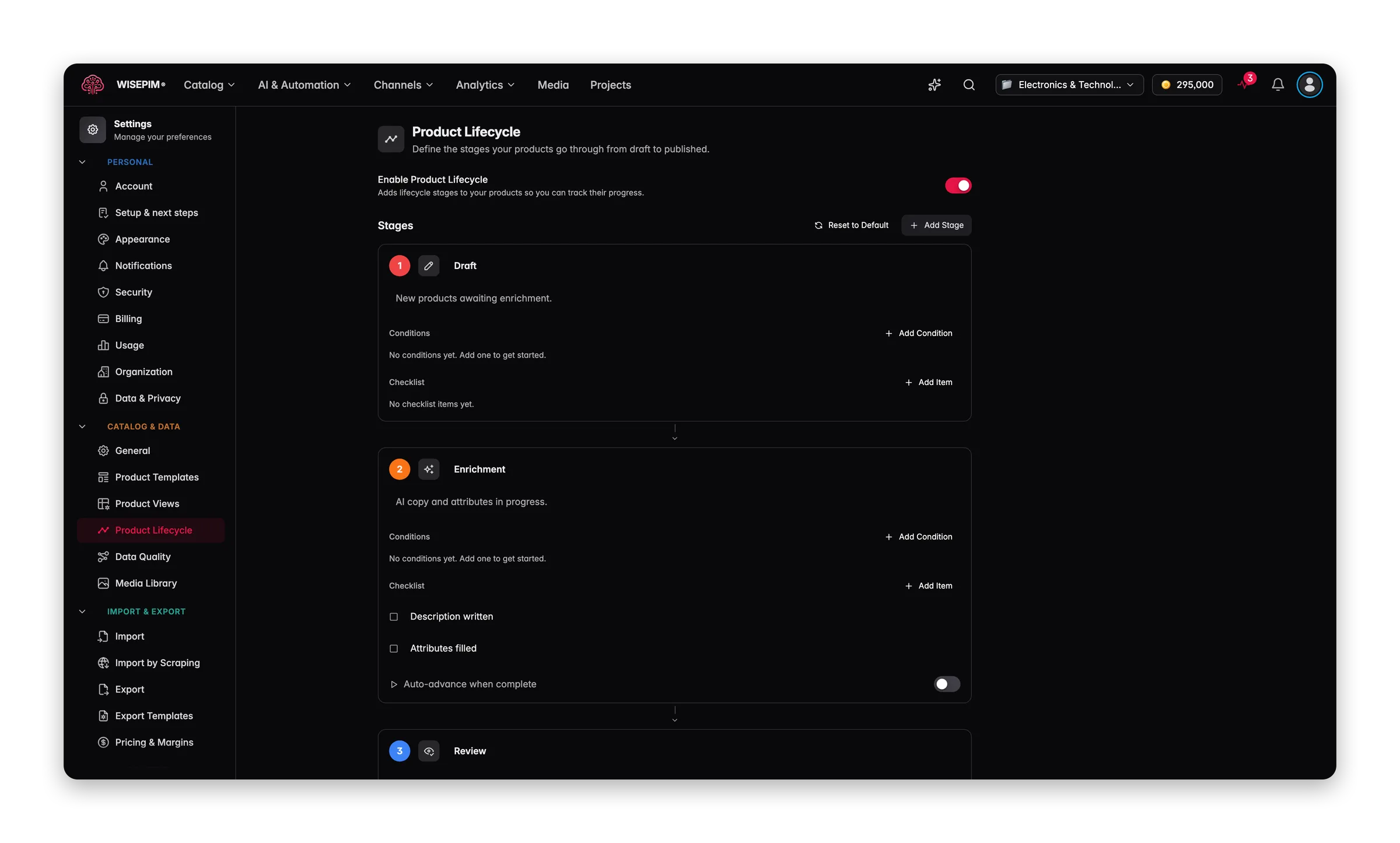 Product lifecycle settings with stages, entry conditions and a checklist per stage