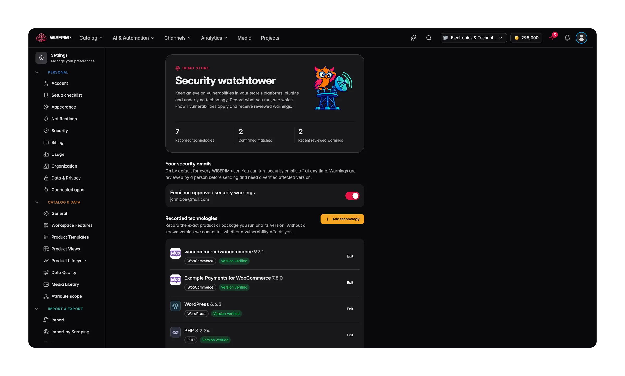 Security watchtower-instellingen met WooCommerce, een betaalplugin, WordPress en PHP met geverifieerde versies