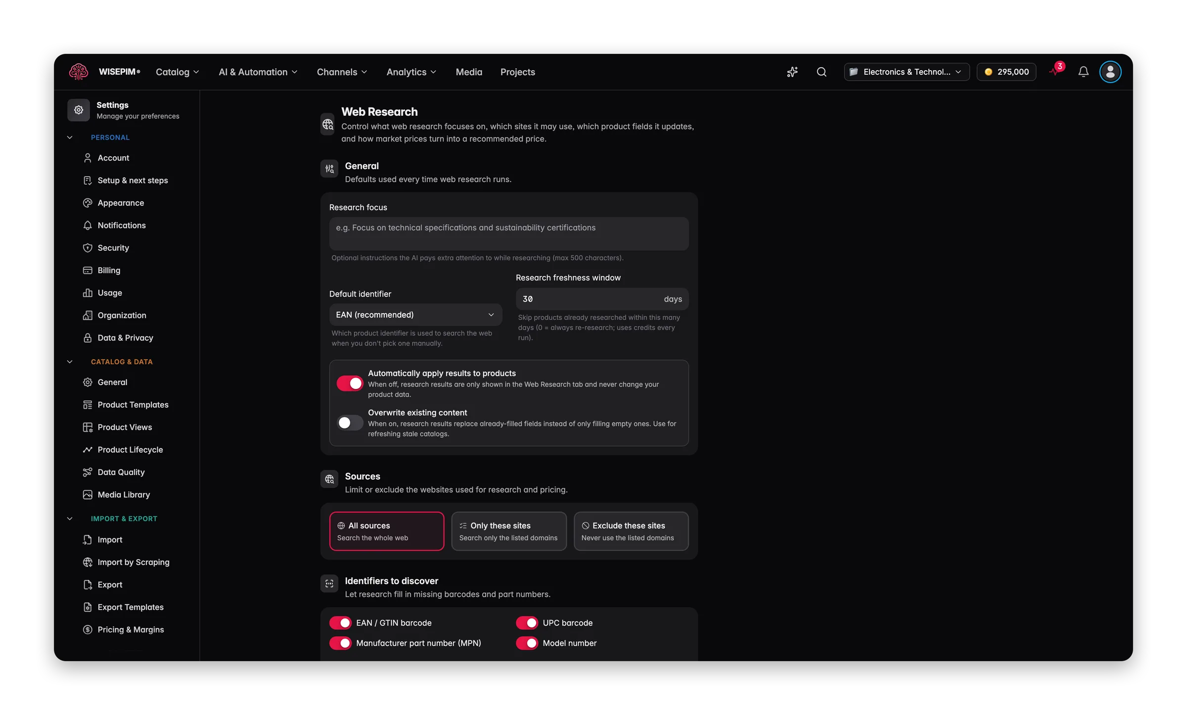 WISEPIM web research settings with research focus, allowed sources, fields to update and pricing strategy