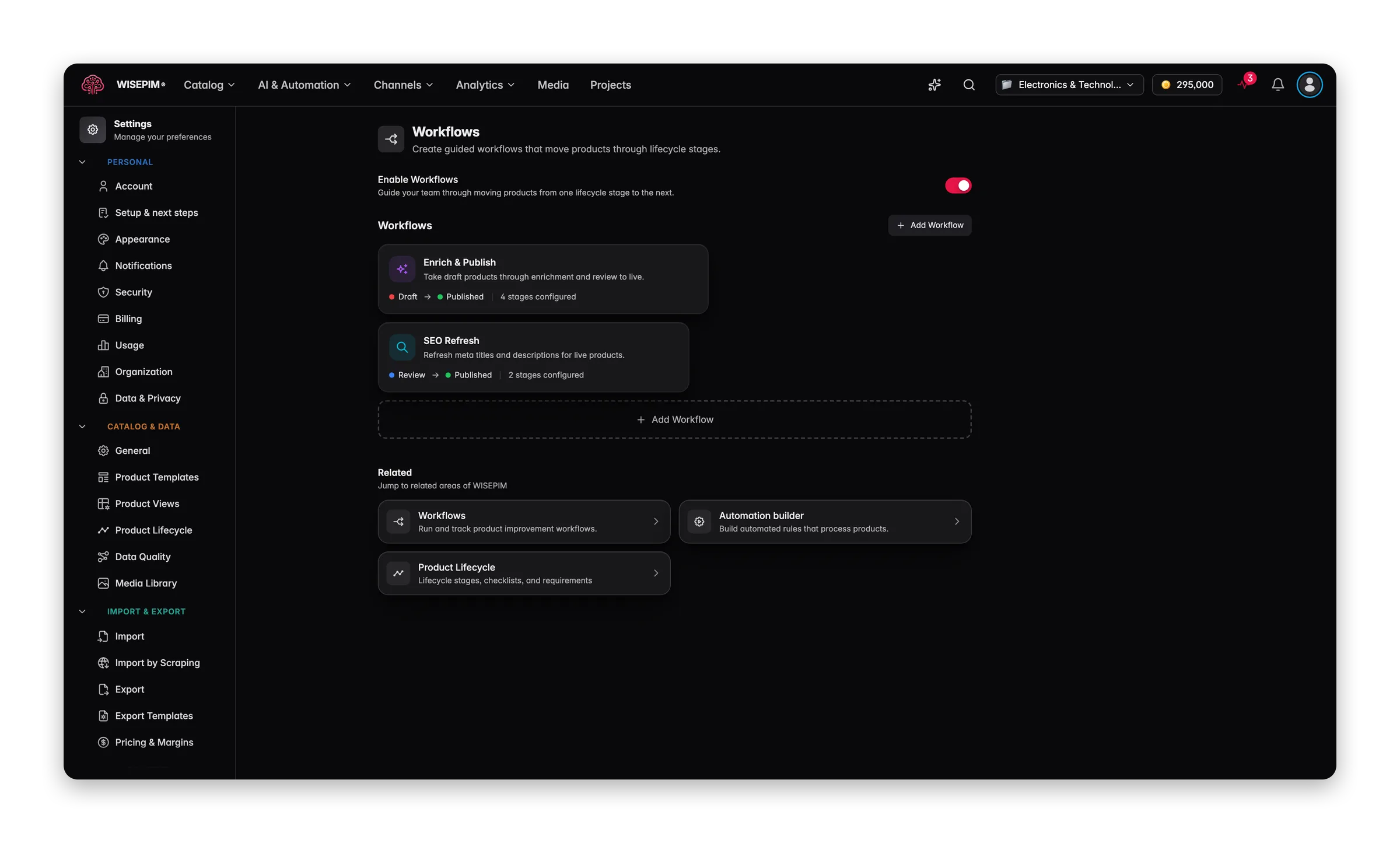 WISEPIM product workflows guiding products from draft through enrichment and review to live