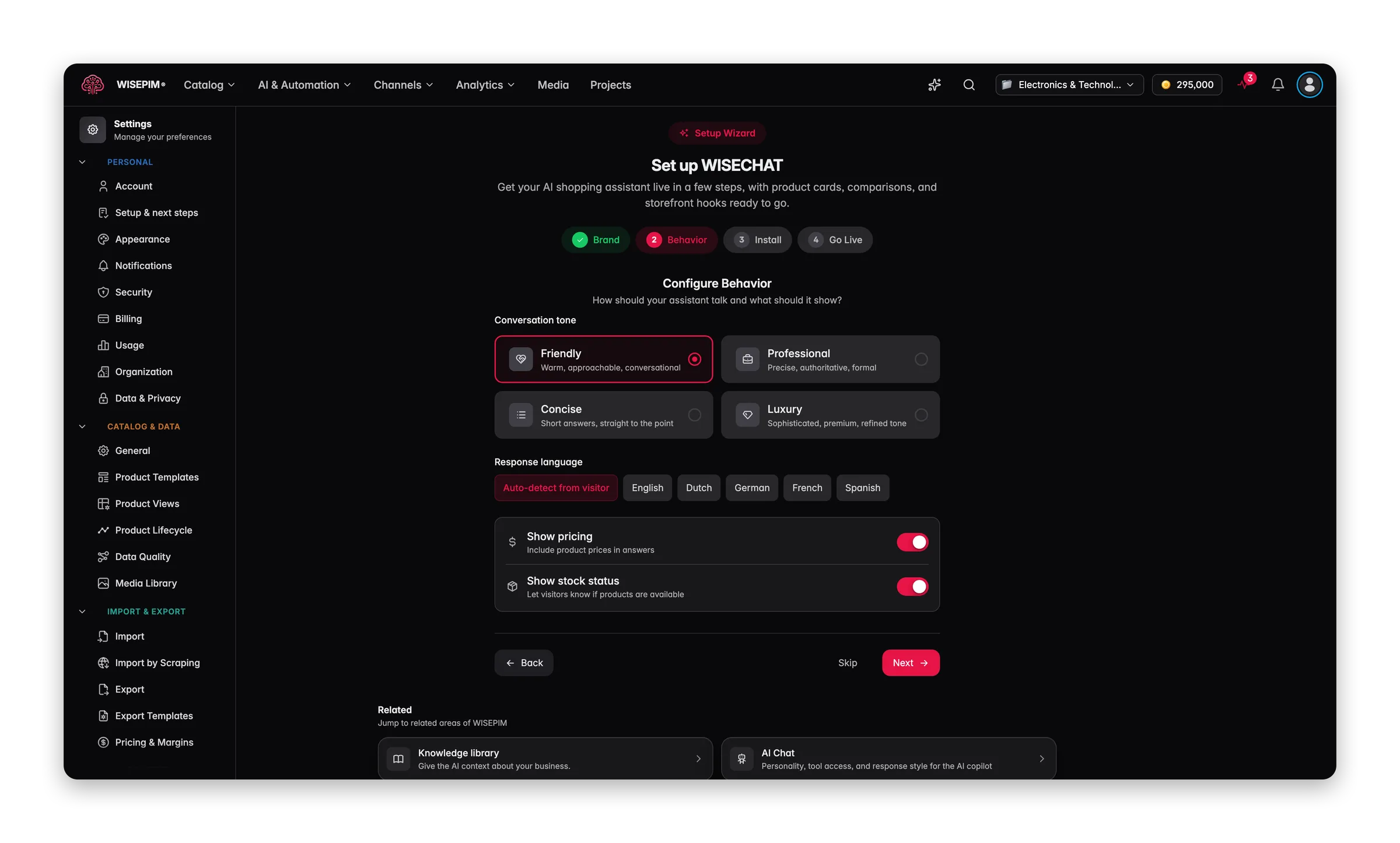 The Configure Behavior step of the WISECHAT wizard with four conversation tones, a response language picker and toggles for pricing and stock
