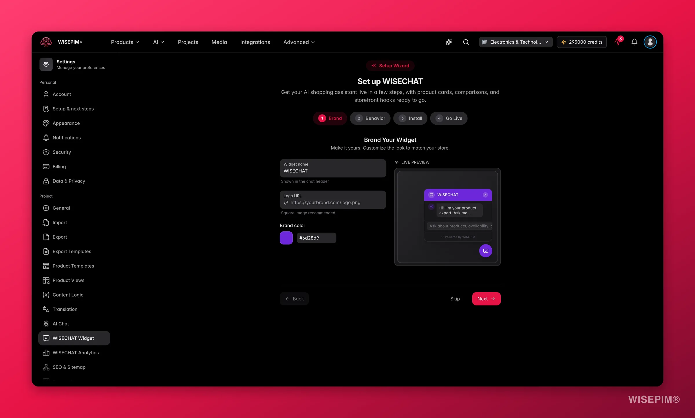 WISECHAT widget showing structured product data in a conversational interface