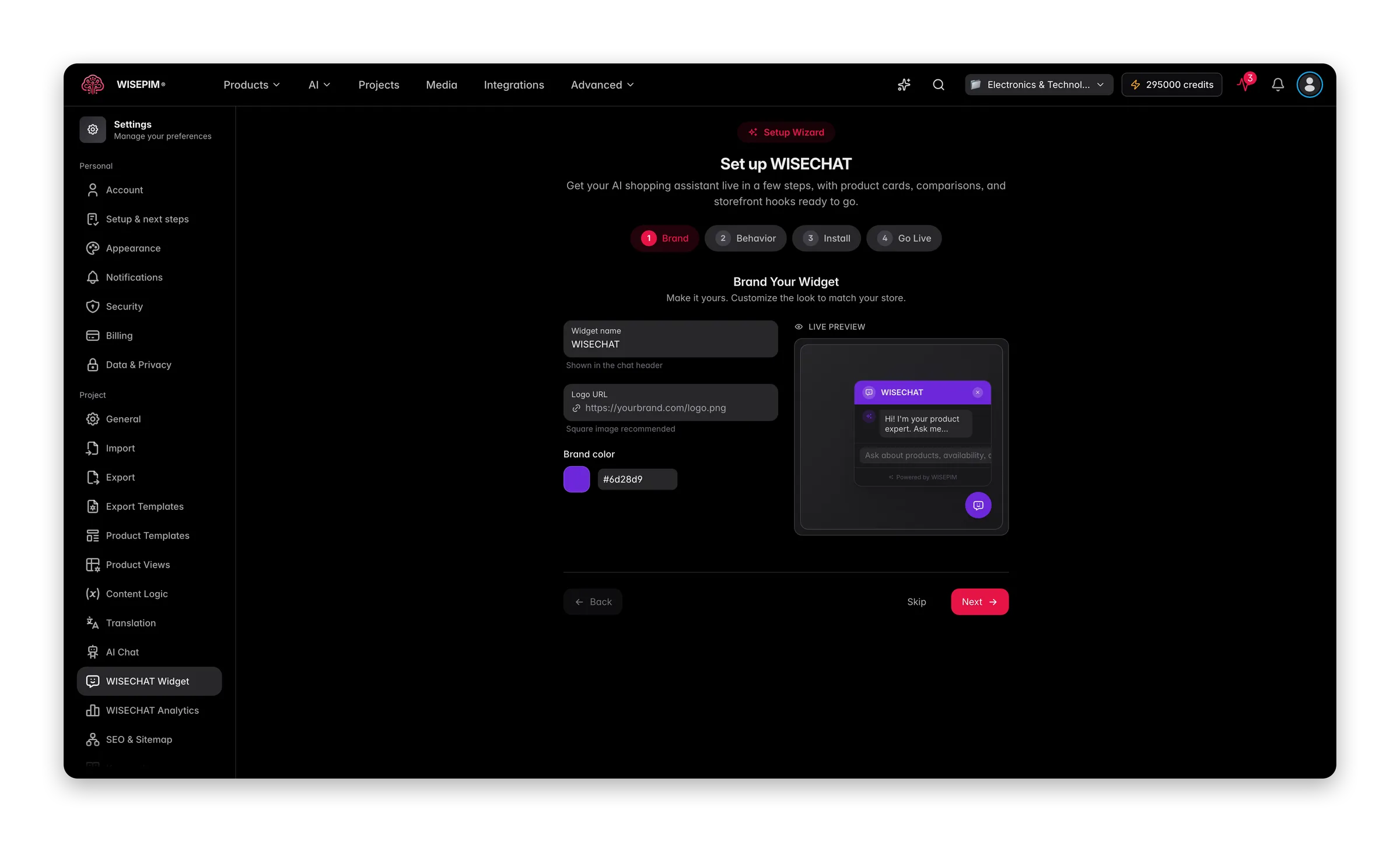 WISECHAT widget embedded on an e-commerce storefront answering product questions