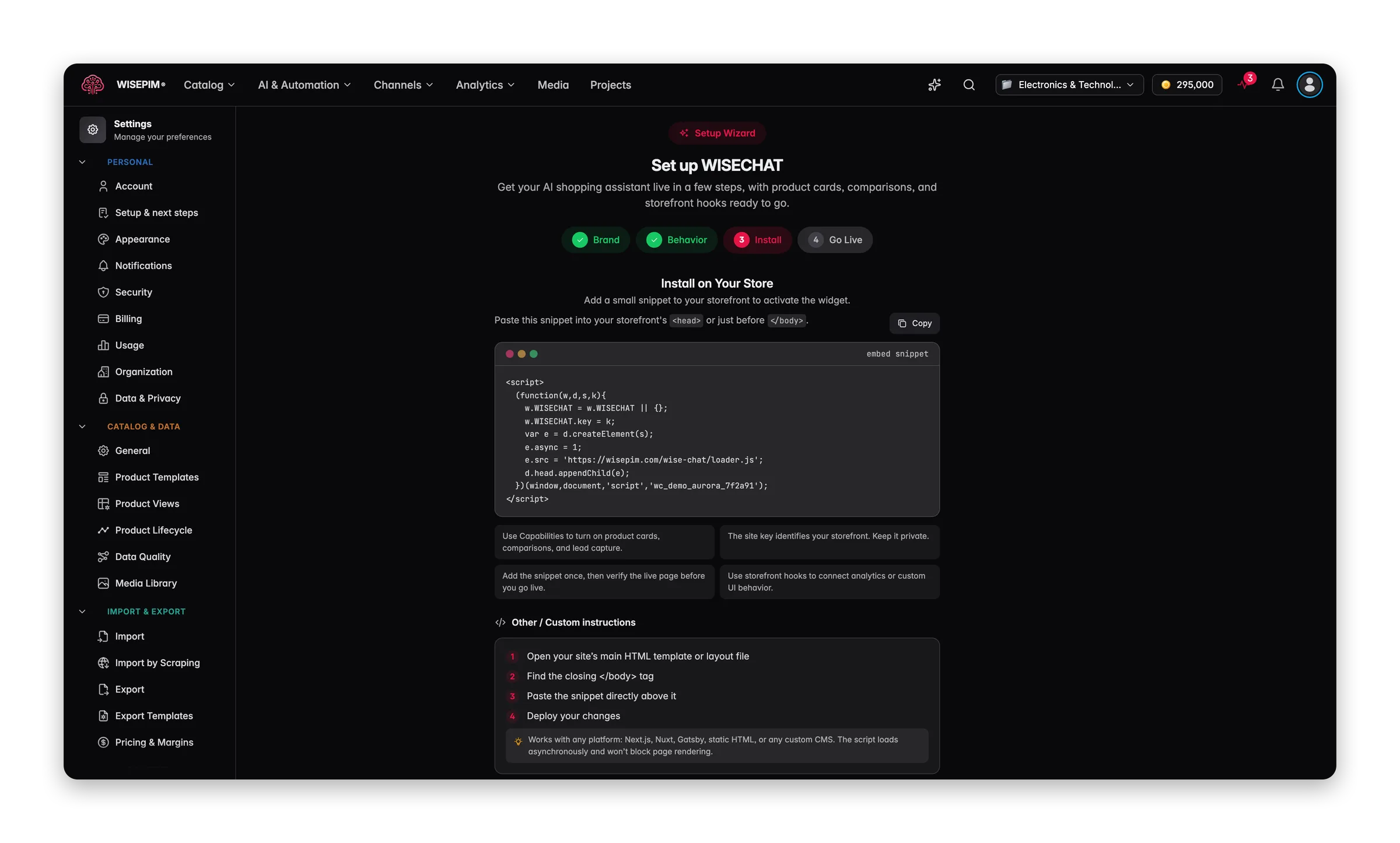 The Install step of the WISECHAT wizard showing the embed snippet, the site key and instructions for a custom CMS