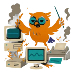 Uitgeputte uil mascotte die handmatig systeem kabels verbindt