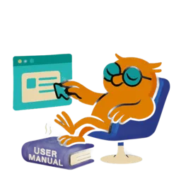 Ontspannen uil mascotte die schone interface gebruikt met handleiding als onderzetter