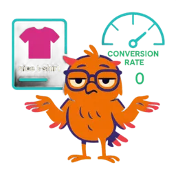 Uil mascotte schouderophalend naast een saaie productpagina