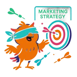 Geblinddoekte uil mascotte die pijltjes gooit naar een marketingstrategie bord