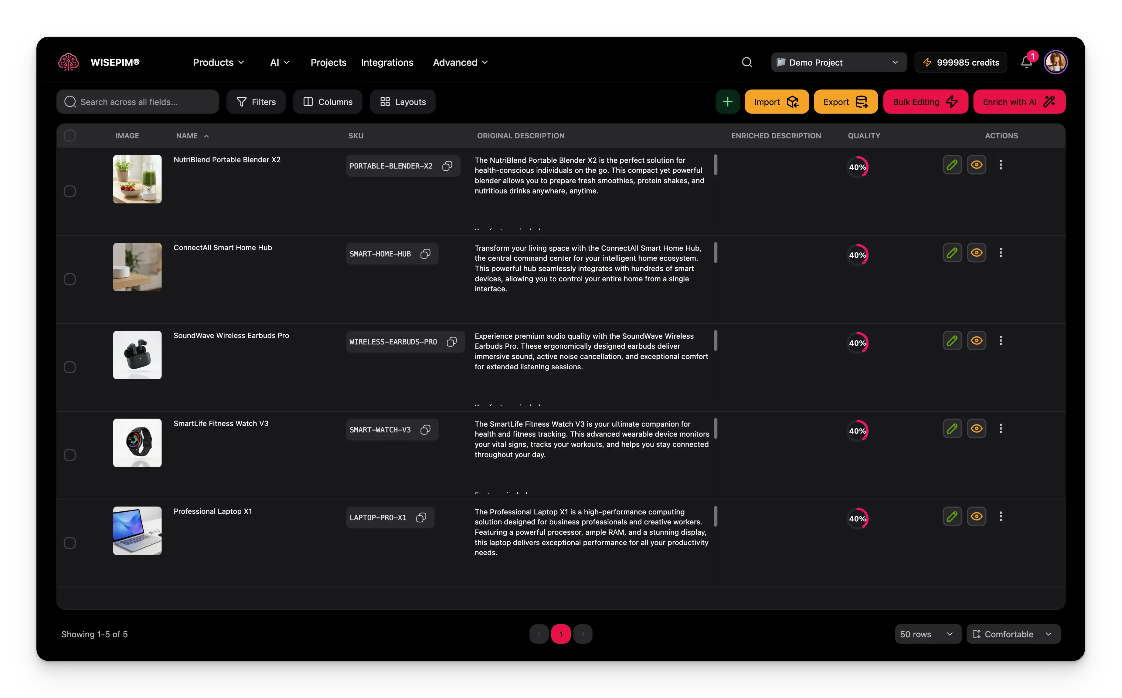 WISEPIM interface showing pim-for-retailers products