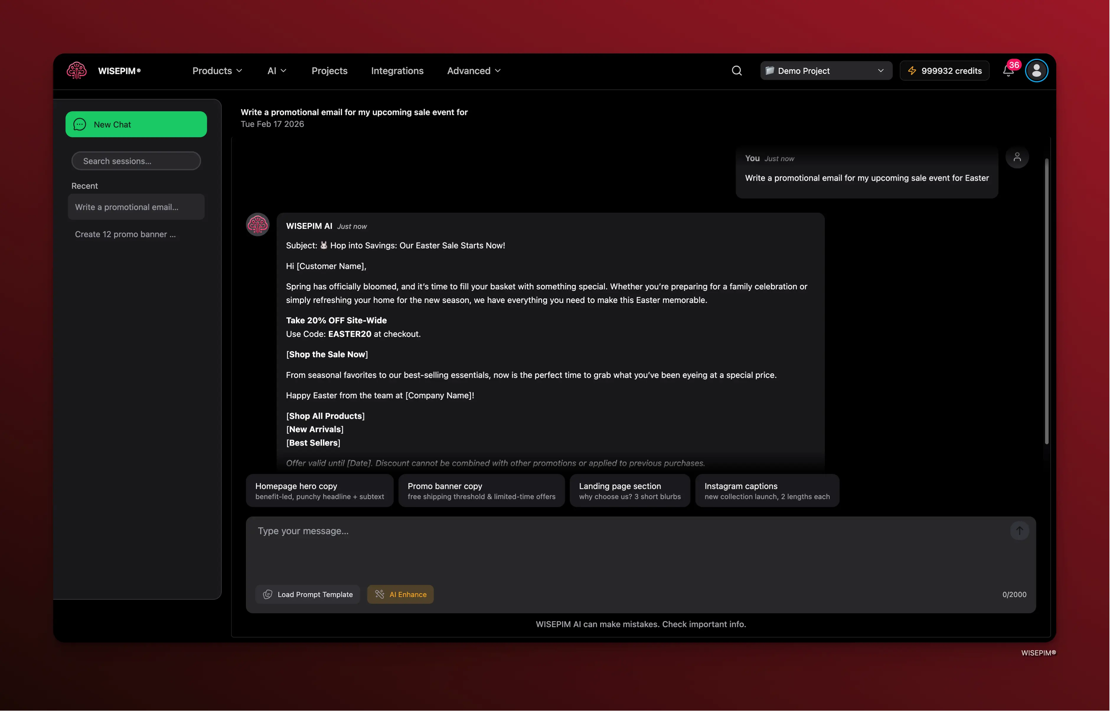 AI Chat generating marketing content with brand context
