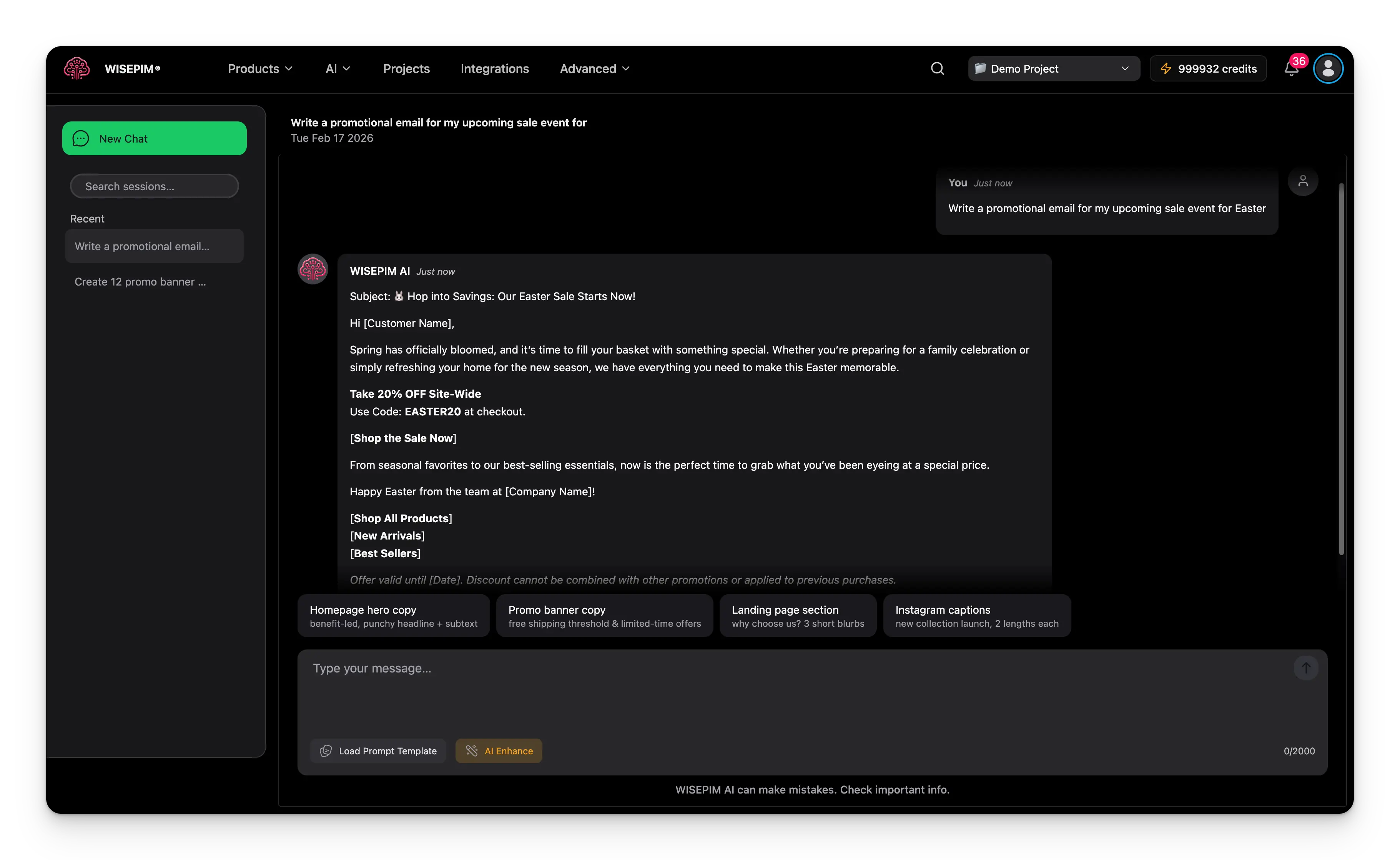 WISEPIM AI Chat interface showing conversational content generation with brand-aware marketing copy creation