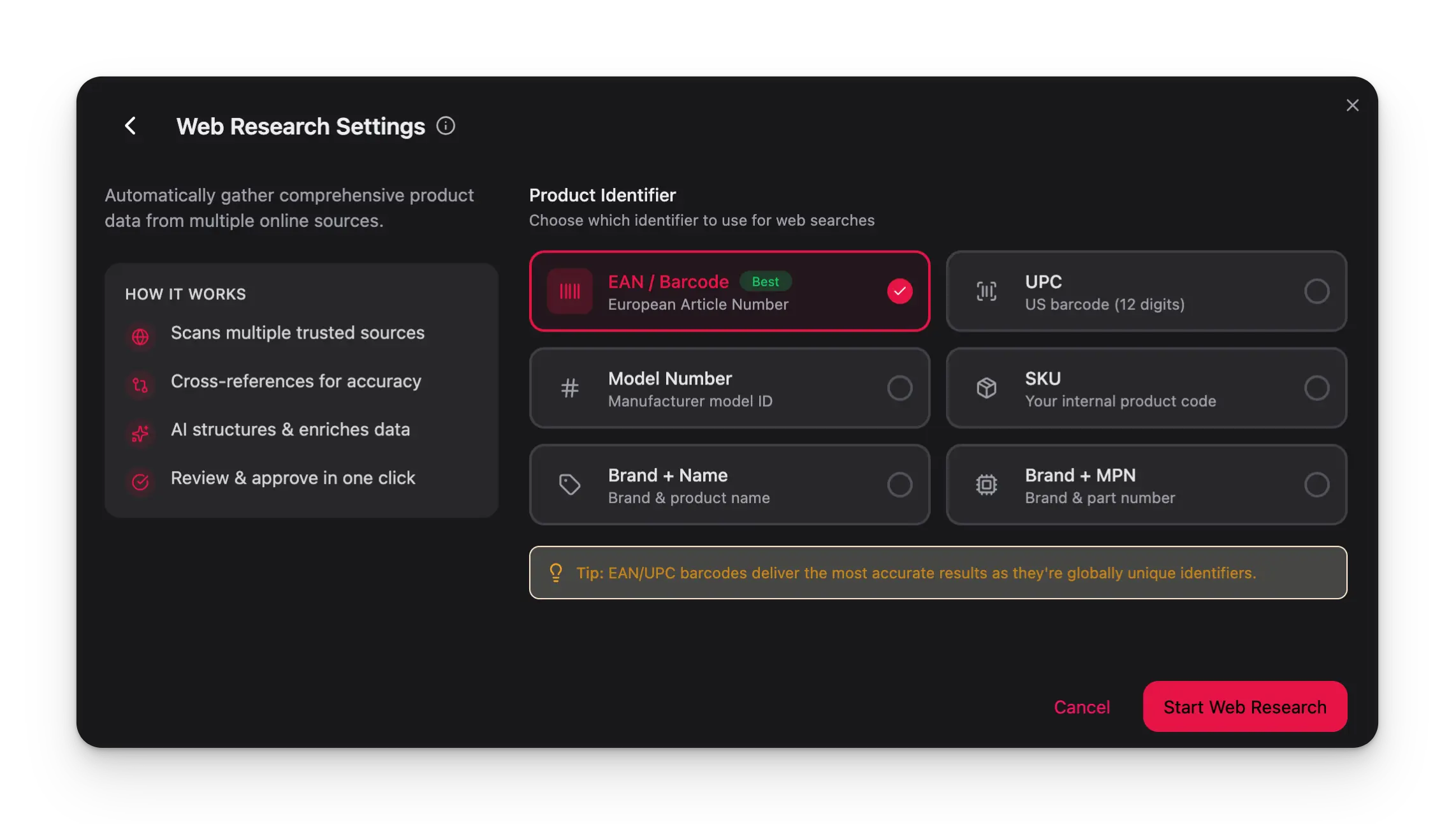 WISEPIM Web Research interface showing automated web scanning results with extracted product data and source verification