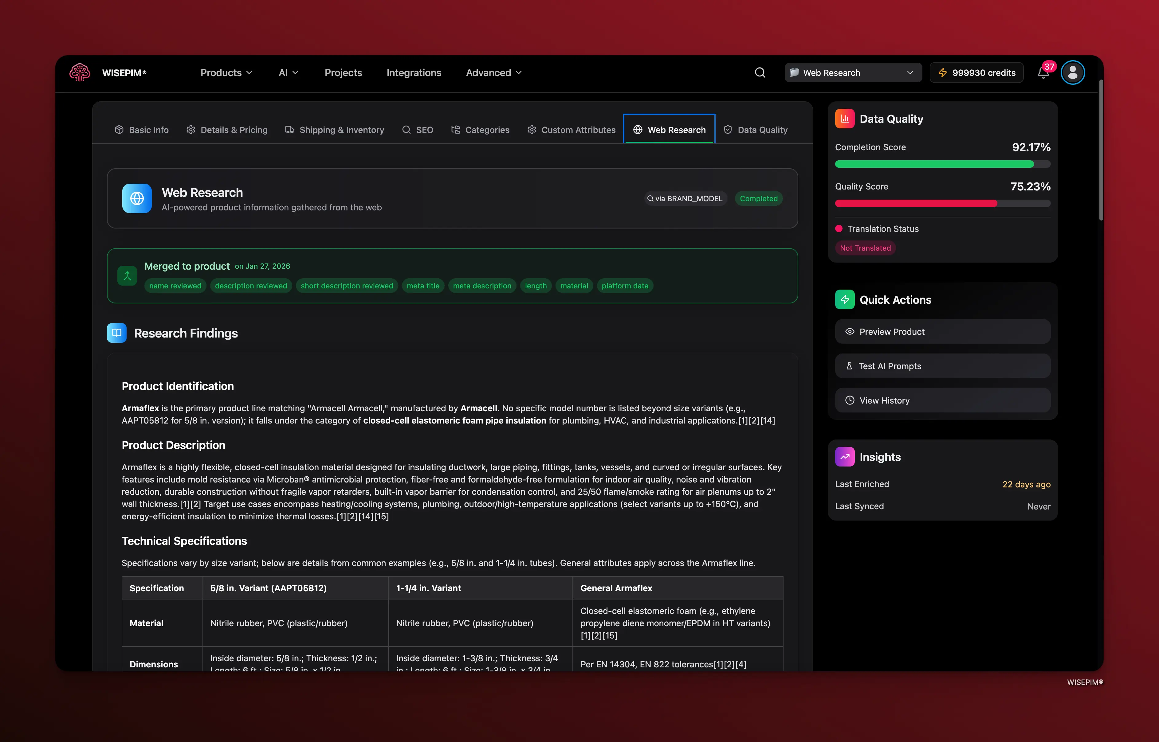 Web Research results showing extracted product data from multiple sources