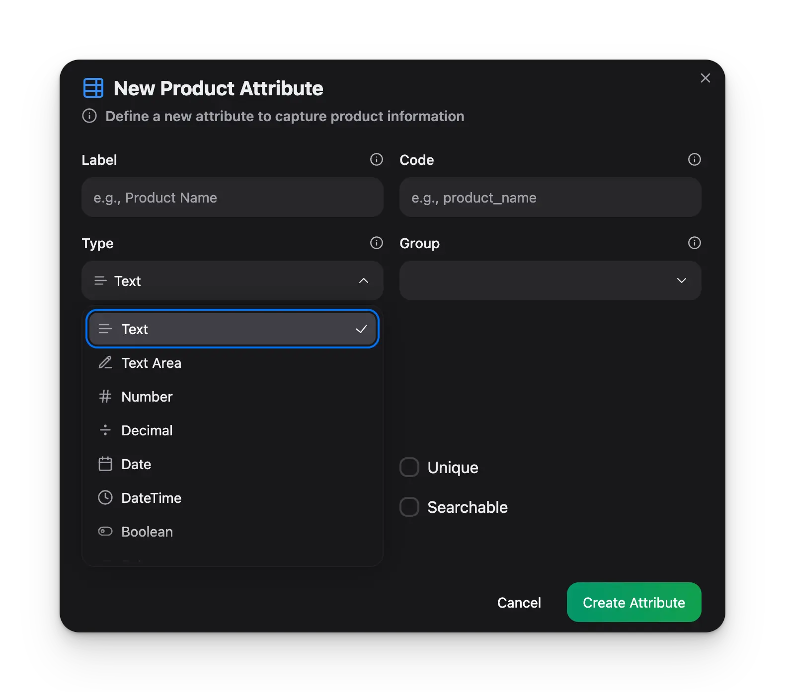WISEPIM attribute management interface showing attribute types, groups, and configuration options