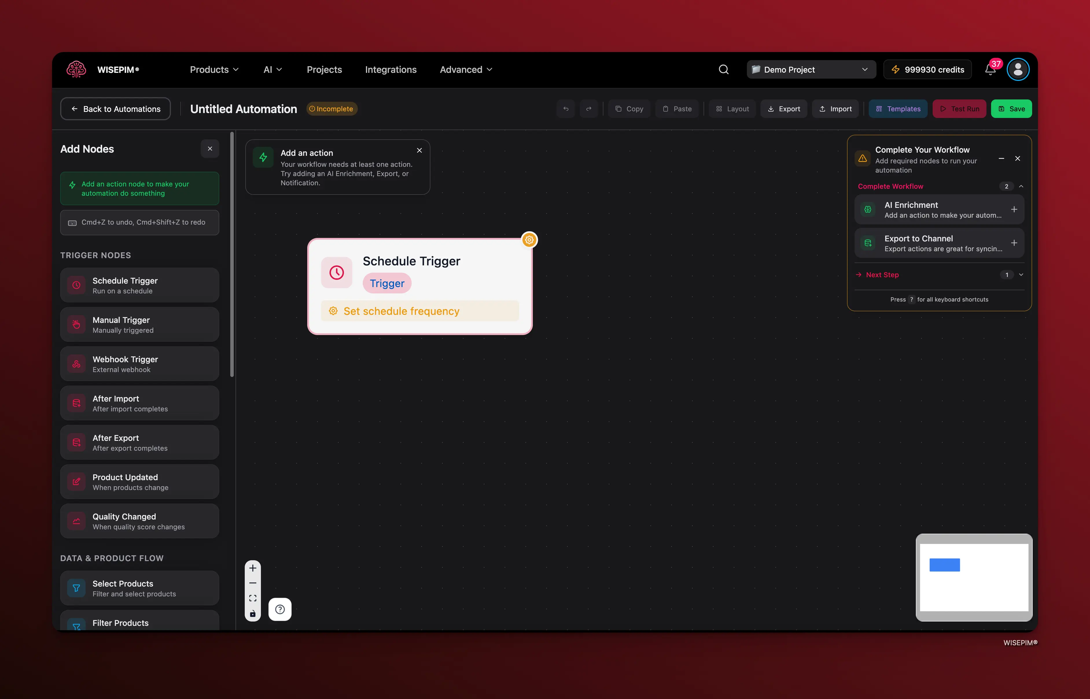 WISEPIM automations dashboard showing active workflows and trigger configurations